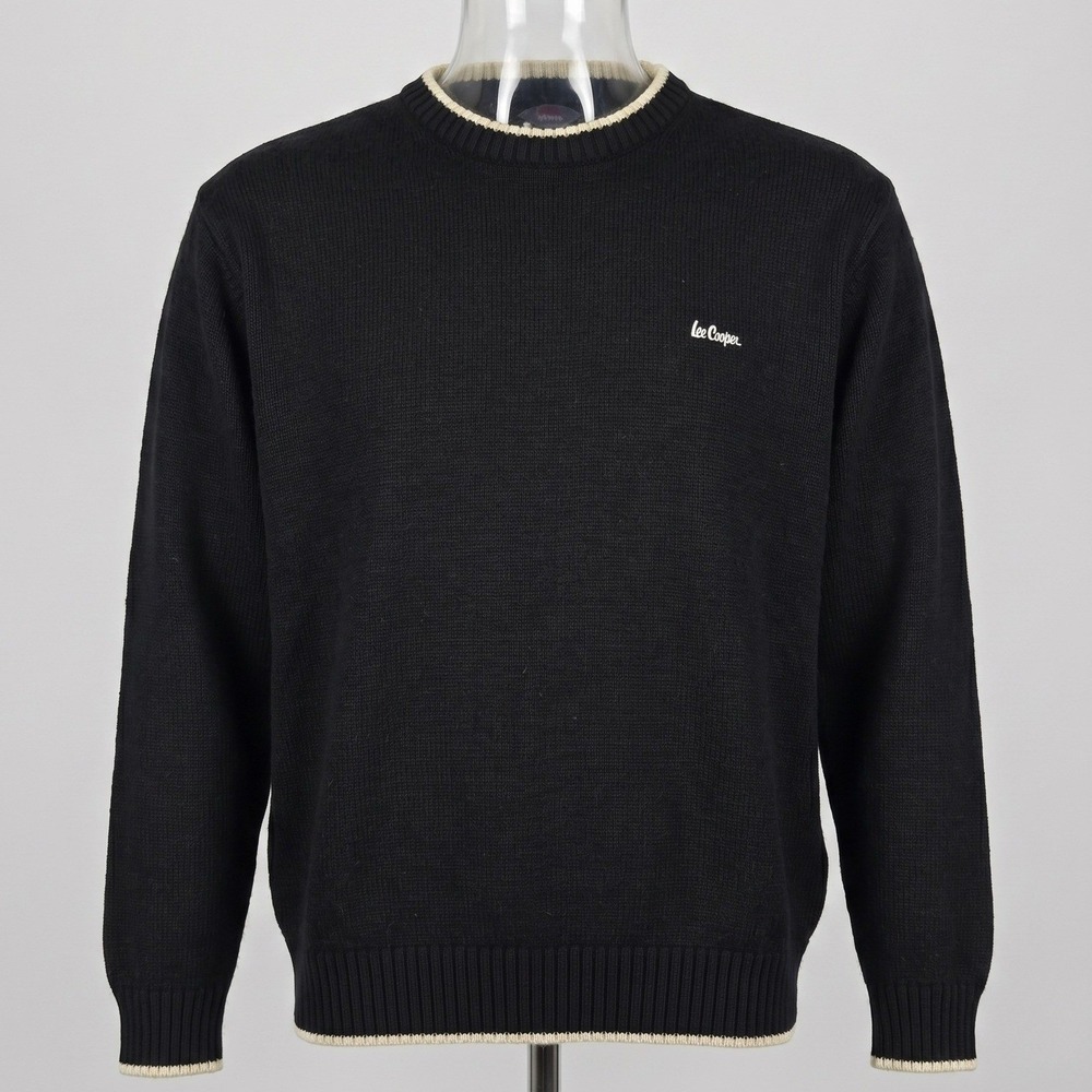 Lee‎ Cooper Mens XL Black Sweater Tim Crew Neck Wool Blend Contrast Trim Logo